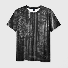Мужская футболка 3D с принтом Темный жуткий лес в Белгороде, 100% полиэфир | прямой крой, круглый вырез горловины, длина до линии бедер | Тематика изображения на принте: forest | деревья | дым | жуткий | лес | мрачный лес | природа | туман