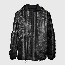 Мужская куртка 3D с принтом Темный жуткий лес в Екатеринбурге, ткань верха — 100% полиэстер, подклад — флис | прямой крой, подол и капюшон оформлены резинкой с фиксаторами, два кармана без застежек по бокам, один большой потайной карман на груди. Карман на груди застегивается на липучку | forest | деревья | дым | жуткий | лес | мрачный лес | природа | туман