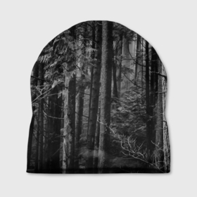 Шапка 3D с принтом Темный жуткий лес в Тюмени, 100% полиэстер | универсальный размер, печать по всей поверхности изделия | forest | деревья | дым | жуткий | лес | мрачный лес | природа | туман