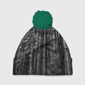 Шапка 3D c помпоном с принтом Темный жуткий лес в Санкт-Петербурге, 100% полиэстер | универсальный размер, печать по всей поверхности изделия | forest | деревья | дым | жуткий | лес | мрачный лес | природа | туман