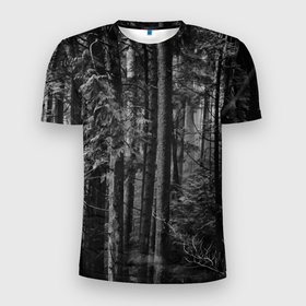 Мужская футболка 3D Slim с принтом Темный жуткий лес в Петрозаводске, 100% полиэстер с улучшенными характеристиками | приталенный силуэт, круглая горловина, широкие плечи, сужается к линии бедра | forest | деревья | дым | жуткий | лес | мрачный лес | природа | туман