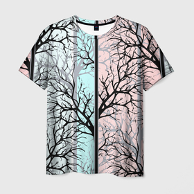 Мужская футболка 3D с принтом Абстрактный узор tree branches в Новосибирске, 100% полиэфир | прямой крой, круглый вырез горловины, длина до линии бедер | Тематика изображения на принте: abstract pattern | tree branches | абстрактный узор | ветки | мятный фон | полосатый узор | розовый