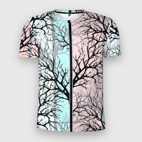 Мужская футболка 3D Slim с принтом Абстрактный узор tree branches в Новосибирске, 100% полиэстер с улучшенными характеристиками | приталенный силуэт, круглая горловина, широкие плечи, сужается к линии бедра | Тематика изображения на принте: abstract pattern | tree branches | абстрактный узор | ветки | мятный фон | полосатый узор | розовый
