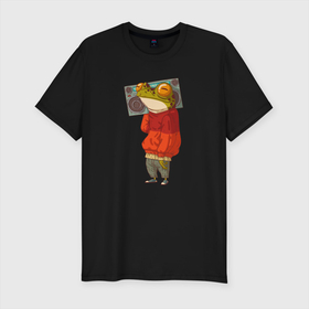 Мужская футболка хлопок Slim с принтом Лягуха на стиле с магнитолой в Кировске, 92% хлопок, 8% лайкра | приталенный силуэт, круглый вырез ворота, длина до линии бедра, короткий рукав | frog | жаба | животное | лягуха | лягушка | магнитола | стиль