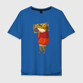 Мужская футболка хлопок Oversize с принтом Лягуха на стиле с магнитолой , 100% хлопок | свободный крой, круглый ворот, “спинка” длиннее передней части | Тематика изображения на принте: frog | жаба | животное | лягуха | лягушка | магнитола | стиль