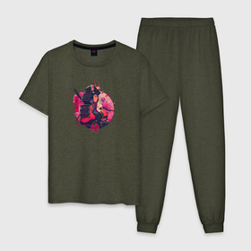 Мужская пижама хлопок с принтом Вишнёвый самурай Samurai в Белгороде, 100% хлопок | брюки и футболка прямого кроя, без карманов, на брюках мягкая резинка на поясе и по низу штанин
 | аниме | вишнёвый | девушка | иллюстрация | самурай | япония