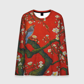 Мужской лонгслив 3D с принтом Птица на ветвях сакуры в Новосибирске, 100% полиэстер | длинные рукава, круглый вырез горловины, полуприлегающий силуэт | ван гог | весна | ветви | ветки | дерево | живопись | искусство | красный | миндаль | природа | птица | сакура | цветы