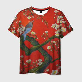 Мужская футболка 3D с принтом Птица на ветвях сакуры в Тюмени, 100% полиэфир | прямой крой, круглый вырез горловины, длина до линии бедер | Тематика изображения на принте: ван гог | весна | ветви | ветки | дерево | живопись | искусство | красный | миндаль | природа | птица | сакура | цветы