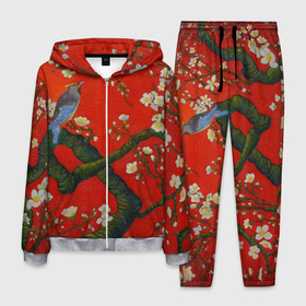 Мужской костюм 3D с принтом Птица на ветвях сакуры в Белгороде, 100% полиэстер | Манжеты и пояс оформлены тканевой резинкой, двухслойный капюшон со шнурком для регулировки, карманы спереди | ван гог | весна | ветви | ветки | дерево | живопись | искусство | красный | миндаль | природа | птица | сакура | цветы