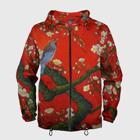 Мужская ветровка 3D с принтом Птица на ветвях сакуры в Тюмени, 100% полиэстер | подол и капюшон оформлены резинкой с фиксаторами, два кармана без застежек по бокам, один потайной карман на груди | ван гог | весна | ветви | ветки | дерево | живопись | искусство | красный | миндаль | природа | птица | сакура | цветы
