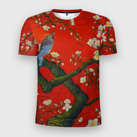 Мужская футболка 3D Slim с принтом Птица на ветвях сакуры , 100% полиэстер с улучшенными характеристиками | приталенный силуэт, круглая горловина, широкие плечи, сужается к линии бедра | Тематика изображения на принте: ван гог | весна | ветви | ветки | дерево | живопись | искусство | красный | миндаль | природа | птица | сакура | цветы