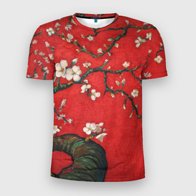Мужская футболка 3D Slim с принтом Цветущий миндаль в Белгороде, 100% полиэстер с улучшенными характеристиками | приталенный силуэт, круглая горловина, широкие плечи, сужается к линии бедра | ван гог | весна | дерево | деревья | живопись | искусство | красный | миндаль | цветок | цветы