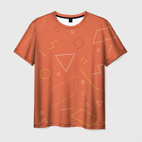 Мужская футболка 3D с принтом Геометрические Фигуры На Оранжевом Фоне в Петрозаводске, 100% полиэфир | прямой крой, круглый вырез горловины, длина до линии бедер | abstraction | figure | geometry | isometric | pattern | shape | абстракция | геометрия | изометрический | оранжевый | узор | фигура | форма