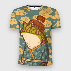 Мужская футболка 3D Slim с принтом Японская лягушка в Тюмени, 100% полиэстер с улучшенными характеристиками | приталенный силуэт, круглая горловина, широкие плечи, сужается к линии бедра | frog | жаба | животное | лягуха | лягушка | япония