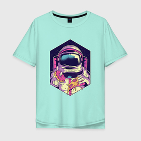 Мужская футболка хлопок Oversize с принтом Космическая еда в Санкт-Петербурге, 100% хлопок | свободный крой, круглый ворот, “спинка” длиннее передней части | еда | космонавт | космос | пицца | пончики