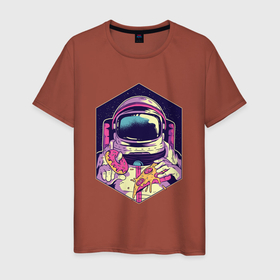 Мужская футболка хлопок с принтом Космическая еда в Санкт-Петербурге, 100% хлопок | прямой крой, круглый вырез горловины, длина до линии бедер, слегка спущенное плечо. | еда | космонавт | космос | пицца | пончики