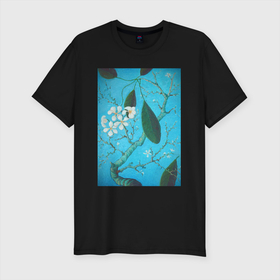 Мужская футболка хлопок Slim с принтом Плюмерия в Екатеринбурге, 92% хлопок, 8% лайкра | приталенный силуэт, круглый вырез ворота, длина до линии бедра, короткий рукав | бирюзовый | ван гог | весна | дерево | живопись | искусство | плюмерия | природа | цветок | цветущая плюмерия | цветы