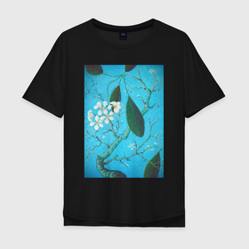 Мужская футболка хлопок Oversize с принтом Плюмерия в Санкт-Петербурге, 100% хлопок | свободный крой, круглый ворот, “спинка” длиннее передней части | бирюзовый | ван гог | весна | дерево | живопись | искусство | плюмерия | природа | цветок | цветущая плюмерия | цветы