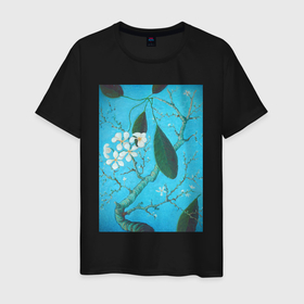 Мужская футболка хлопок с принтом Плюмерия в Санкт-Петербурге, 100% хлопок | прямой крой, круглый вырез горловины, длина до линии бедер, слегка спущенное плечо. | бирюзовый | ван гог | весна | дерево | живопись | искусство | плюмерия | природа | цветок | цветущая плюмерия | цветы