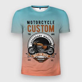 Мужская футболка 3D Slim с принтом Кастомный  мотоцикл в Тюмени, 100% полиэстер с улучшенными характеристиками | приталенный силуэт, круглая горловина, широкие плечи, сужается к линии бедра | гараж | кастомный | мото | мотоцикл | мотоциклист