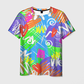Мужская футболка 3D с принтом Яркий геометрический принт на белом фоне , 100% полиэфир | прямой крой, круглый вырез горловины, длина до линии бедер | абстрактный | в школу | геометрический | детский | для школы | карандаши | карандашный | кислотный | круги | неоновый | радужный | разноцветный | рисунок | сердечки | спираль | узор | цветной