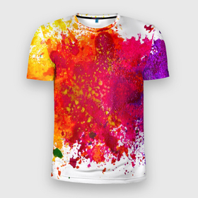 Мужская футболка 3D Slim с принтом Красочный BOOM в Петрозаводске, 100% полиэстер с улучшенными характеристиками | приталенный силуэт, круглая горловина, широкие плечи, сужается к линии бедра | брызги | взрыв | капли | краски | цвета