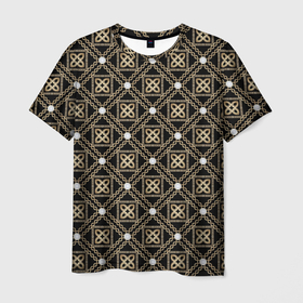Мужская футболка 3D с принтом золотой орнамент на черном фоне в Белгороде, 100% полиэфир | прямой крой, круглый вырез горловины, длина до линии бедер | абстрактные | абстракция | геометрия | классика | классические | нейтральные | спокойные | узор | узоры