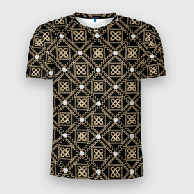 Мужская футболка 3D Slim с принтом золотой орнамент на черном фоне в Белгороде, 100% полиэстер с улучшенными характеристиками | приталенный силуэт, круглая горловина, широкие плечи, сужается к линии бедра | абстрактные | абстракция | геометрия | классика | классические | нейтральные | спокойные | узор | узоры