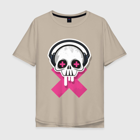 Мужская футболка хлопок Oversize с принтом ЧЕРЕП В НАУШНИКАХ в Тюмени, 100% хлопок | свободный крой, круглый ворот, “спинка” длиннее передней части | art | cross | music | plus | skeleton | skull | skull in headphones | арт | крест | крестик | музыка | плюс | скелет | череп | череп в наушниках