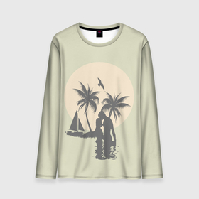 Мужской лонгслив 3D с принтом Влюбленная пара на острове  island palm live в Кировске, 100% полиэстер | длинные рукава, круглый вырез горловины, полуприлегающий силуэт | couple in love | island | live | palm | yacht | влюбленная пара | любовь | океан | остров | отдых на море | отпуск | пальма | яхта