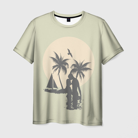 Мужская футболка 3D с принтом Влюбленная пара на острове  island palm live в Санкт-Петербурге, 100% полиэфир | прямой крой, круглый вырез горловины, длина до линии бедер | couple in love | island | live | palm | yacht | влюбленная пара | любовь | океан | остров | отдых на море | отпуск | пальма | яхта