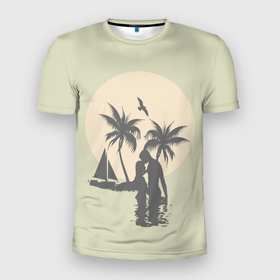 Мужская футболка 3D Slim с принтом Влюбленная пара на острове  island palm live в Екатеринбурге, 100% полиэстер с улучшенными характеристиками | приталенный силуэт, круглая горловина, широкие плечи, сужается к линии бедра | couple in love | island | live | palm | yacht | влюбленная пара | любовь | океан | остров | отдых на море | отпуск | пальма | яхта