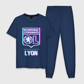 Мужская пижама хлопок с принтом Lyon FC в стиле Glitch в Новосибирске, 100% хлопок | брюки и футболка прямого кроя, без карманов, на брюках мягкая резинка на поясе и по низу штанин
 | 