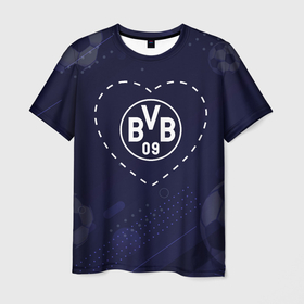Мужская футболка 3D с принтом Лого Borussia в сердечке на фоне мячей в Екатеринбурге, 100% полиэфир | прямой крой, круглый вырез горловины, длина до линии бедер | 