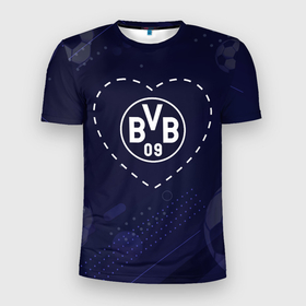 Мужская футболка 3D Slim с принтом Лого Borussia в сердечке на фоне мячей в Петрозаводске, 100% полиэстер с улучшенными характеристиками | приталенный силуэт, круглая горловина, широкие плечи, сужается к линии бедра | 