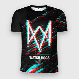 Мужская футболка 3D Slim с принтом Watch Dogs в стиле Glitch (Баги Графики) на темном фоне в Екатеринбурге, 100% полиэстер с улучшенными характеристиками | приталенный силуэт, круглая горловина, широкие плечи, сужается к линии бедра | dogs | glitch | logo | watch | watch dogs | баги | вотч | глитч | догс | игра | игры | лого | логотип | символ
