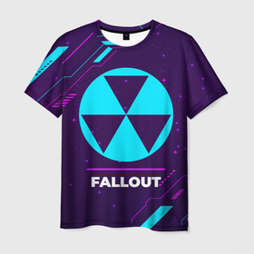 Мужская футболка 3D с принтом Символ Fallout в неоновых цветах на темном фоне в Курске, 100% полиэфир | прямой крой, круглый вырез горловины, длина до линии бедер | fallout | logo | neon | игра | игры | краска | лого | логотип | неон | символ | фаллаут