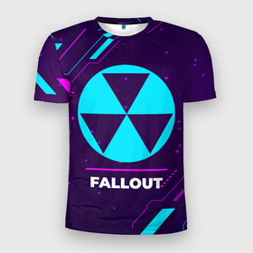Мужская футболка 3D Slim с принтом Символ Fallout в неоновых цветах на темном фоне в Белгороде, 100% полиэстер с улучшенными характеристиками | приталенный силуэт, круглая горловина, широкие плечи, сужается к линии бедра | fallout | logo | neon | игра | игры | краска | лого | логотип | неон | символ | фаллаут