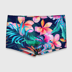Мужские купальные плавки 3D с принтом Яркие тропические цветы   Лето , Полиэстер 85%, Спандекс 15% |  | color | fashion | flowers | leaves | summer | tropics | лето | листья | мода | тропики | цвет | цветы
