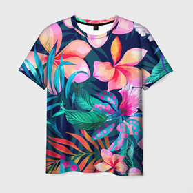 Мужская футболка 3D с принтом Яркие тропические цветы   Лето в Курске, 100% полиэфир | прямой крой, круглый вырез горловины, длина до линии бедер | color | fashion | flowers | leaves | summer | tropics | лето | листья | мода | тропики | цвет | цветы