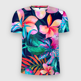Мужская футболка 3D Slim с принтом Яркие тропические цветы   Лето в Курске, 100% полиэстер с улучшенными характеристиками | приталенный силуэт, круглая горловина, широкие плечи, сужается к линии бедра | color | fashion | flowers | leaves | summer | tropics | лето | листья | мода | тропики | цвет | цветы