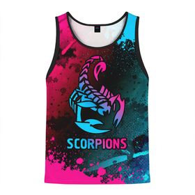 Мужская майка 3D с принтом Scorpions Neon Gradient в Новосибирске, 100% полиэстер | круглая горловина, приталенный силуэт, длина до линии бедра. Пройма и горловина окантованы тонкой бейкой | Тематика изображения на принте: band | metal | paint | rock | scorpions | брызги | градиент | группа | краска | метал | неон | рок | скорпионс | хард