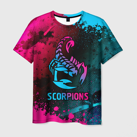 Мужская футболка 3D с принтом Scorpions Neon Gradient в Кировске, 100% полиэфир | прямой крой, круглый вырез горловины, длина до линии бедер | band | metal | paint | rock | scorpions | брызги | градиент | группа | краска | метал | неон | рок | скорпионс | хард