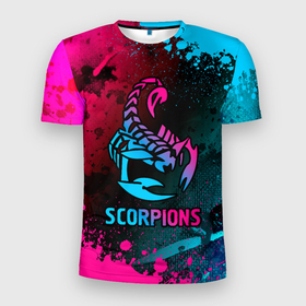 Мужская футболка 3D Slim с принтом Scorpions Neon Gradient в Петрозаводске, 100% полиэстер с улучшенными характеристиками | приталенный силуэт, круглая горловина, широкие плечи, сужается к линии бедра | band | metal | paint | rock | scorpions | брызги | градиент | группа | краска | метал | неон | рок | скорпионс | хард