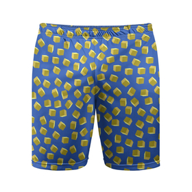 Мужские шорты спортивные с принтом Золотые крупные кубики на синем поле в Тюмени,  |  | Тематика изображения на принте: 3д | геометрия | желтый | золотой | куб | кубик | несимметричный | синий