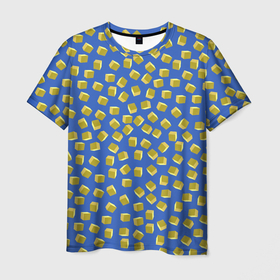 Мужская футболка 3D с принтом Золотые крупные кубики на синем поле в Санкт-Петербурге, 100% полиэфир | прямой крой, круглый вырез горловины, длина до линии бедер | 3д | геометрия | желтый | золотой | куб | кубик | несимметричный | синий