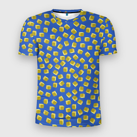 Мужская футболка 3D Slim с принтом Золотые крупные кубики на синем поле в Тюмени, 100% полиэстер с улучшенными характеристиками | приталенный силуэт, круглая горловина, широкие плечи, сужается к линии бедра | 3д | геометрия | желтый | золотой | куб | кубик | несимметричный | синий