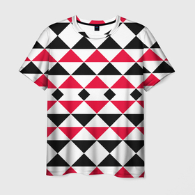 Мужская футболка 3D с принтом Geometric shapes triangles в Кировске, 100% полиэфир | прямой крой, круглый вырез горловины, длина до линии бедер | Тематика изображения на принте: geometric shapes | triangles | геометрический узор | красный и черный | современный | треугольники