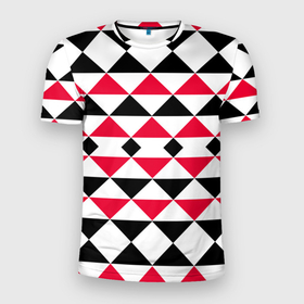 Мужская футболка 3D Slim с принтом Geometric shapes triangles в Петрозаводске, 100% полиэстер с улучшенными характеристиками | приталенный силуэт, круглая горловина, широкие плечи, сужается к линии бедра | Тематика изображения на принте: geometric shapes | triangles | геометрический узор | красный и черный | современный | треугольники