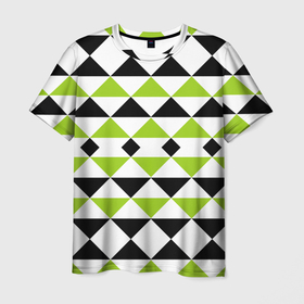 Мужская футболка 3D с принтом Geometric shapes triangles треугольники , 100% полиэфир | прямой крой, круглый вырез горловины, длина до линии бедер | geometric shapes | triangles | геометрический узор | зеленый | современный | треугольники | черный | черный и зеленый